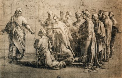 Christus übergibt die Schlüssel an den heiligen Petrus; Zeichnung aus der Schule von Raphael. Gabinetto dei Disegni e delle Stampe, Uffizien, Florenz von School of Raphael
